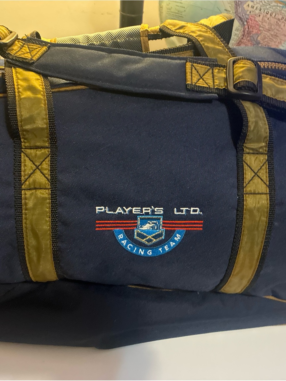 Vintage Navy Blue Duffel Bag with Gold Trim